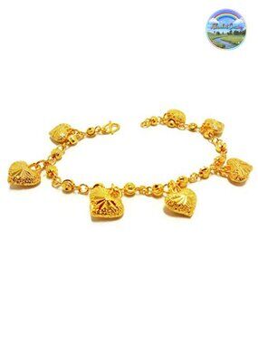 23K 24K Thai Baht Yellow Gold Plated Charm Bangle Bracelet 7.5 inch Women